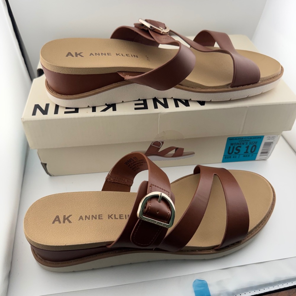 Anne Klein Lalasa Sandal Women 10 Cognac Brown Strap Wedge Buckle Comfort iFlex